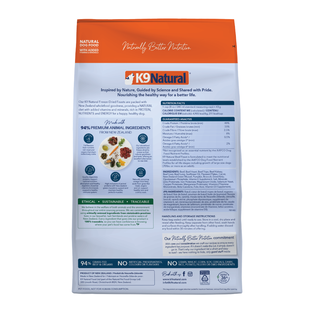 K9 Natural Freeze-Dried Beef Feast for Dogs – 142g / 500g / 1.8kg / 3.6kg
