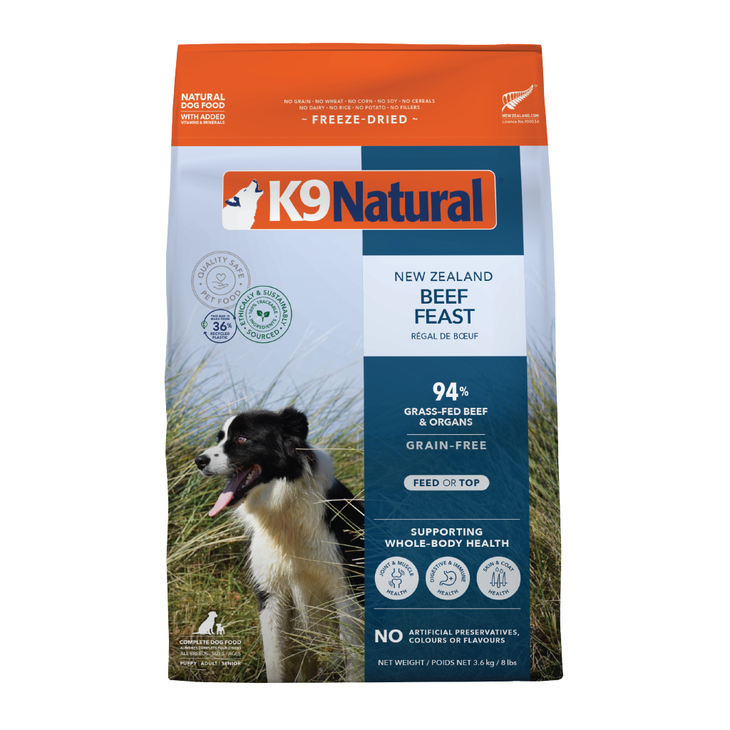 K9 Natural Freeze-Dried Beef Feast for Dogs – 142g / 500g / 1.8kg / 3.6kg