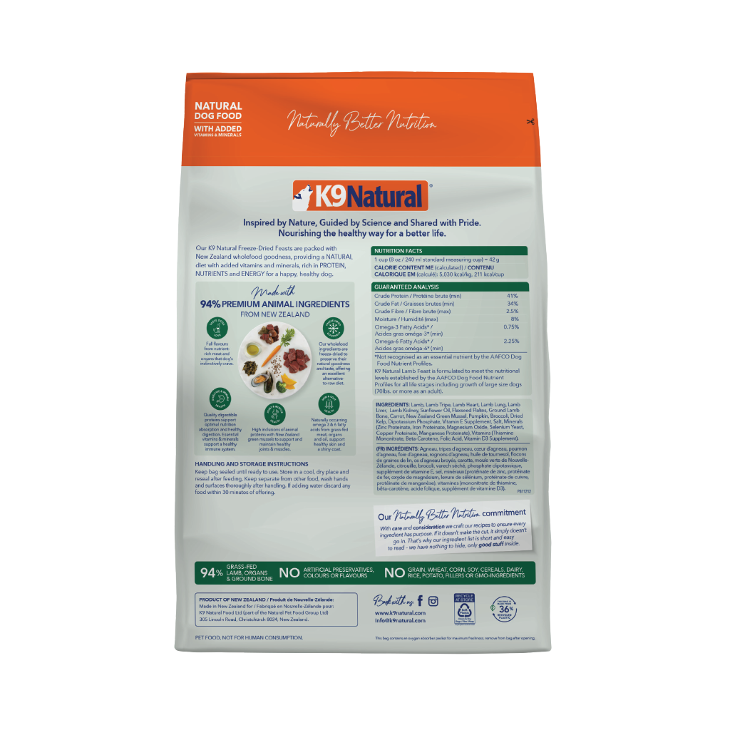K9 Natural Freeze-Dried Lamb Feast for Dogs – 142g / 500g / 1.8kg / 3.6kg