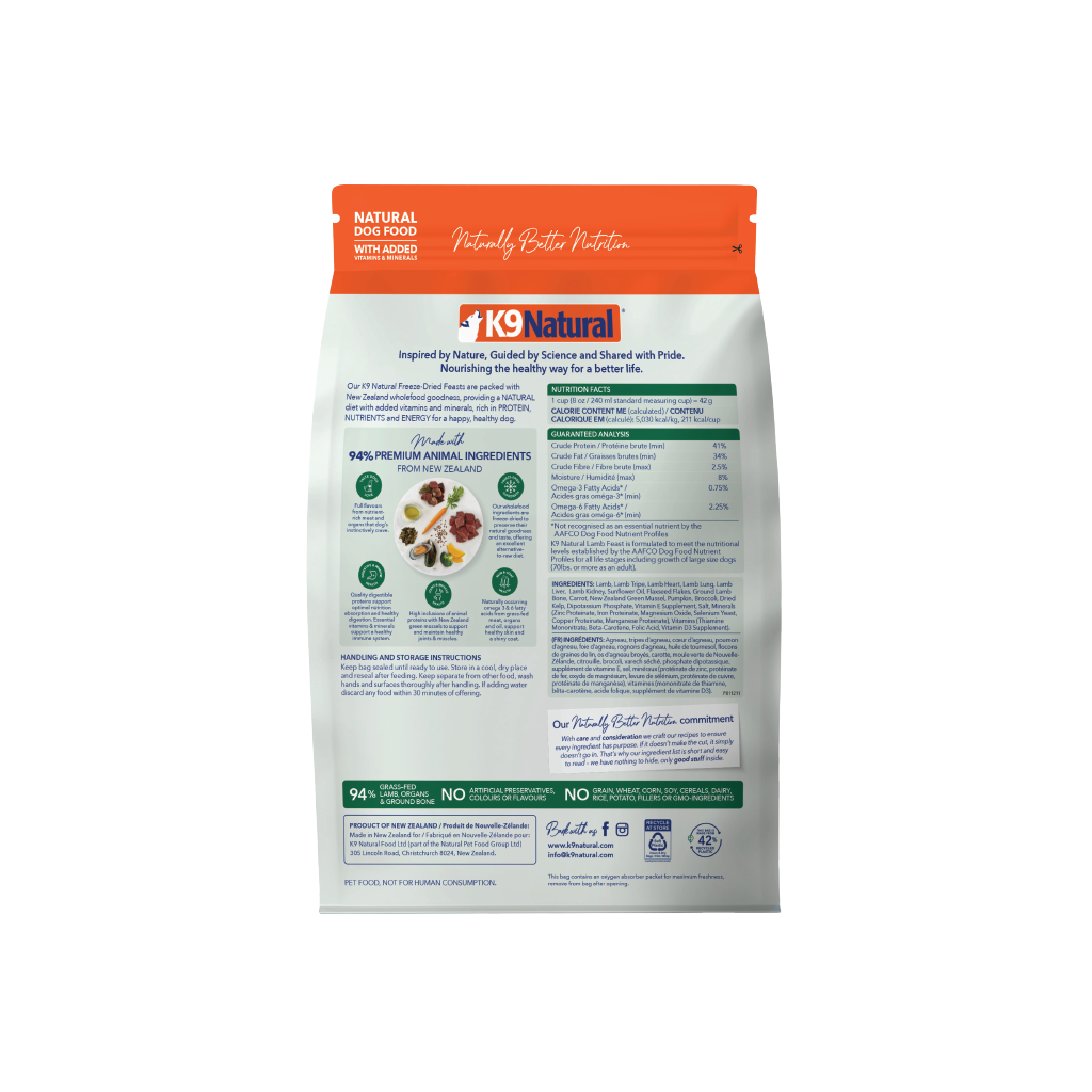K9 Natural Freeze-Dried Lamb Feast for Dogs – 142g / 500g / 1.8kg / 3.6kg