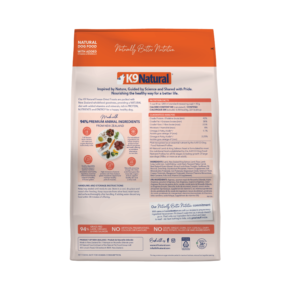 K9 Natural Freeze-Dried Lamb & King Salmon Feast for Dogs – 100g / 500g / 1.8kg / 3.6kg