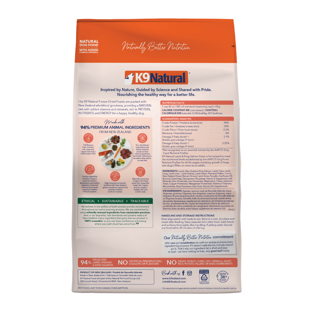 K9 Natural Freeze-Dried Lamb & King Salmon Feast for Dogs – 100g / 500g / 1.8kg / 3.6kg