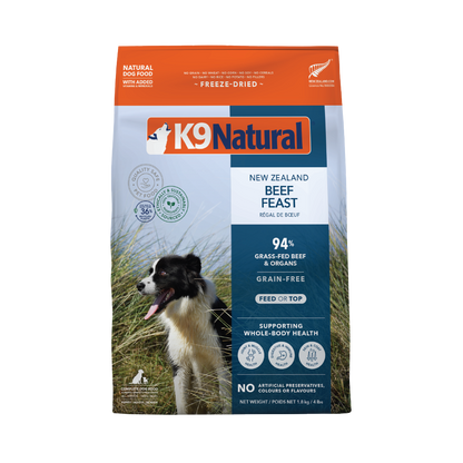 K9 Natural Freeze-Dried Beef Feast for Dogs – 142g / 500g / 1.8kg / 3.6kg