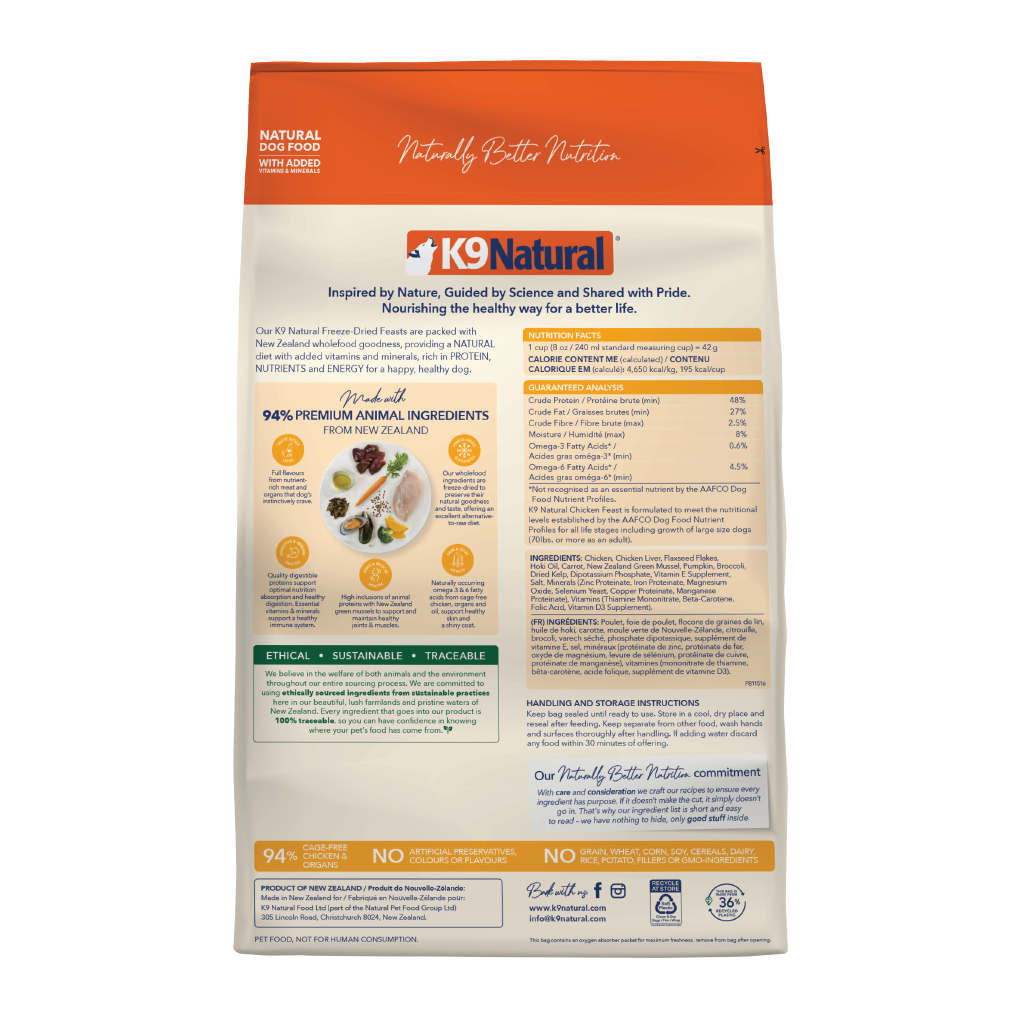 K9 Natural Freeze-Dried Chicken Feast for Dogs – 100g / 500g / 1.8kg / 3.6kg