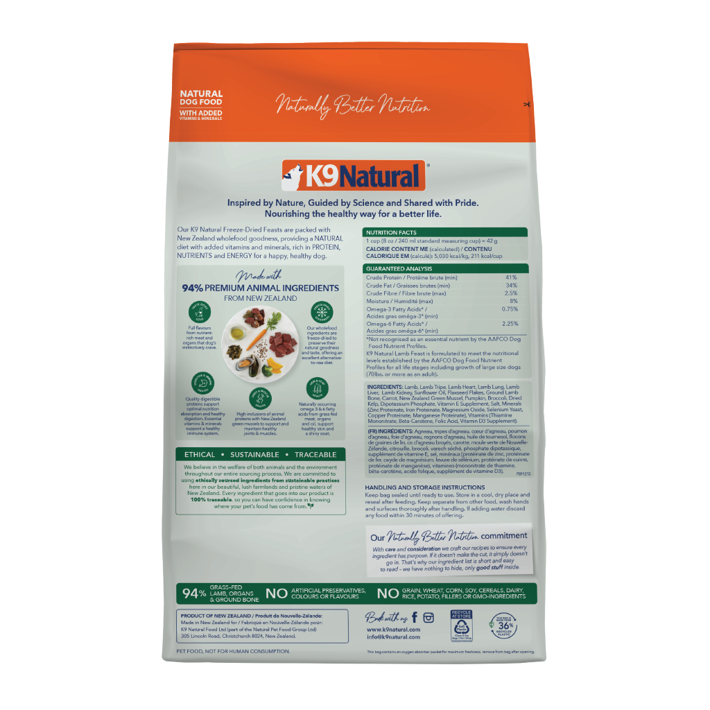 K9 Natural Freeze-Dried Lamb Feast for Dogs – 142g / 500g / 1.8kg / 3.6kg