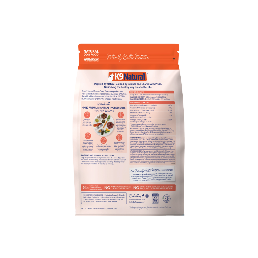 K9 Natural Freeze-Dried Lamb & King Salmon Feast for Dogs – 100g / 500g / 1.8kg / 3.6kg