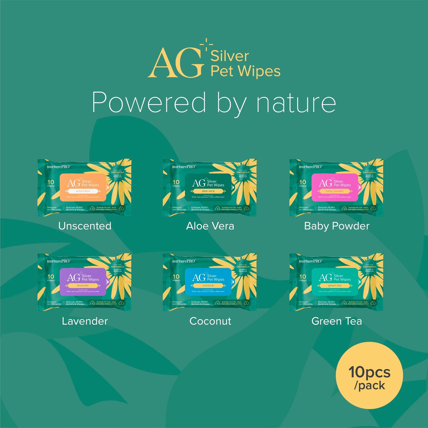 Nurture Pro AG+ Silver Pet Wipes Green Tea (10 Sheets) - 20pack